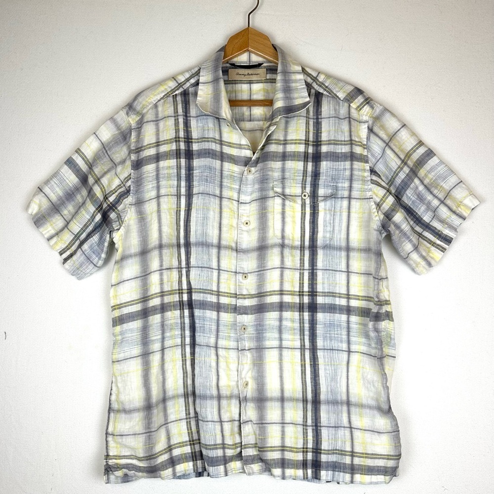Tommy Bahama Linen Plaid Short Sleeve Button Down Camp Shirt Coastal Resort